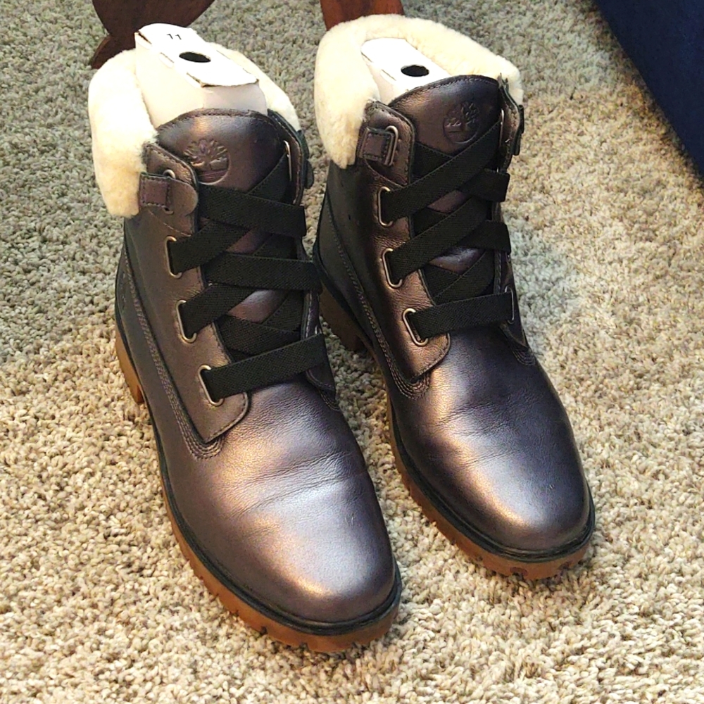 Timberland Women Jayne Waterproof Smoke Metallic Black Full Grain Leather Sz 11